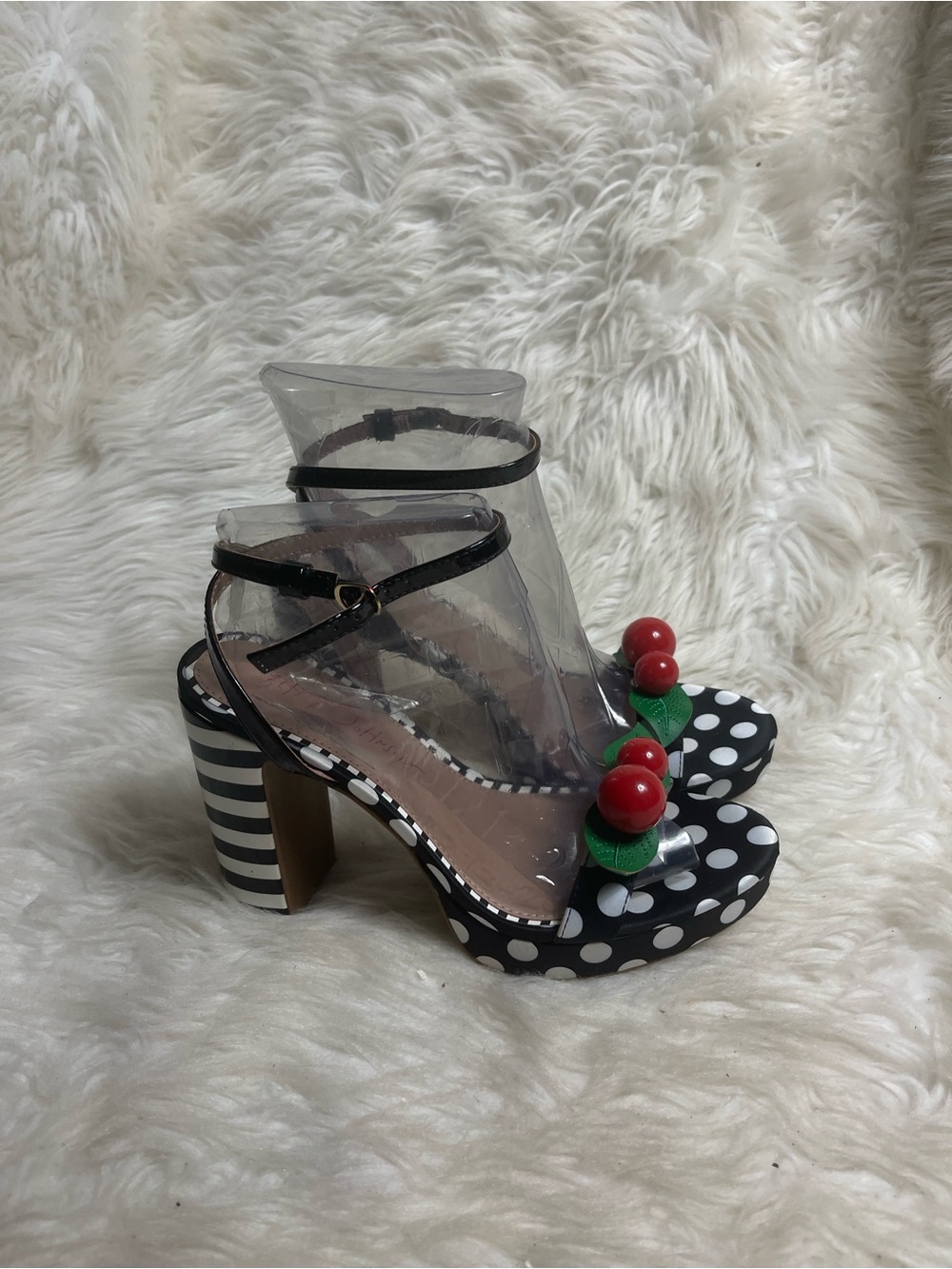 Betsey Johnson Black White Polka Dot Platform Sandal Red Cherry Accent SZ8M - Picture 3 of 12
